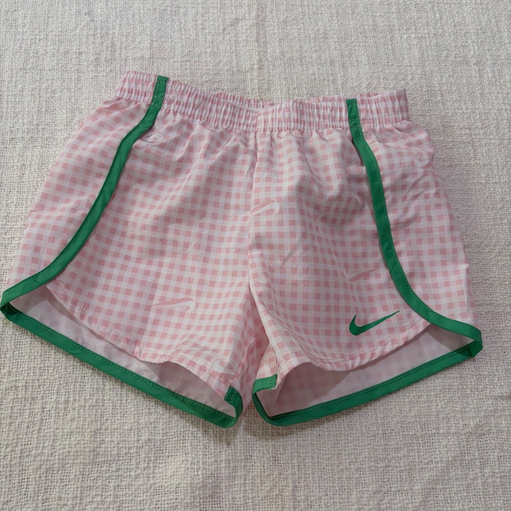 Nike Kids Dri-FIT Gingham Running Shorts Pink Green Plaid Size S 4-5 Years